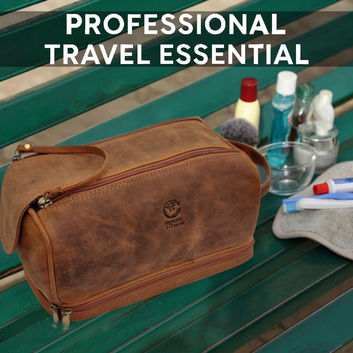 RusticTown Leather Toiletry Bag for Men - Travel Shaving Dopp Kit - Bathroom Shower Toiletries Organizer - Cosmetic Make up Bag for Women, Cognac, M, Mens Travel Toiletry Kit Bag, Cognac, M, Mens