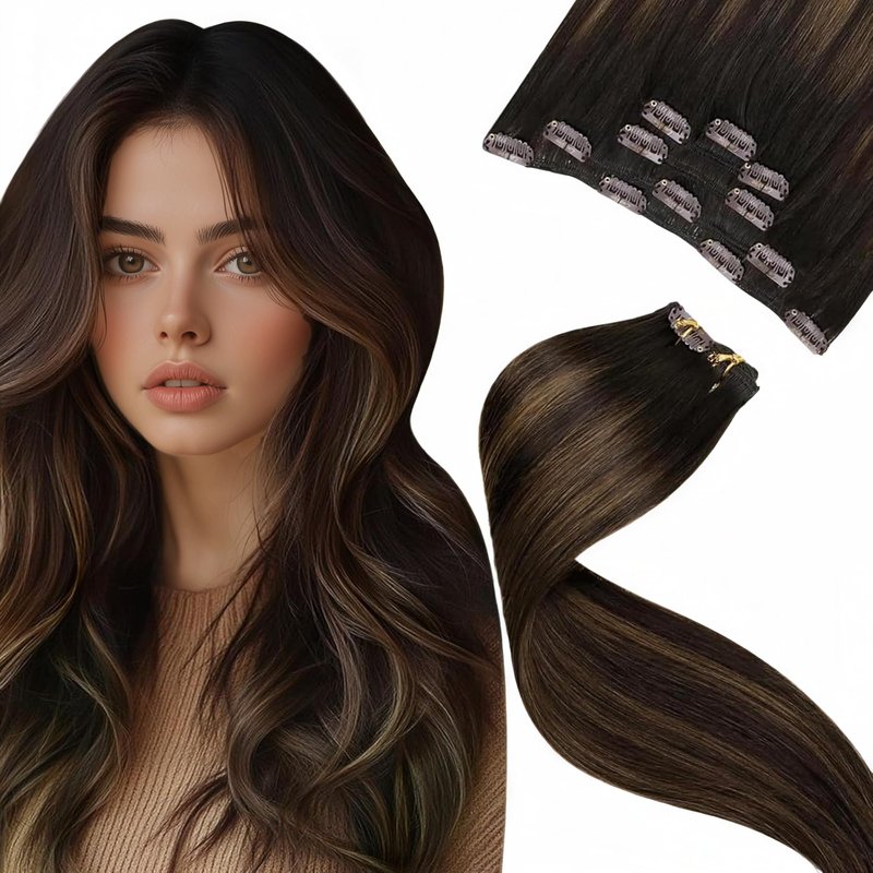 LaaVoo Clip in Hair Extensions Balayage Darkest Brown to Light Brown Balayage Brown Human Hair Clip in Extensions Brown Balayage Hair Extension Clip ins Straights Short Hair 12 Inch 5pcs 80g