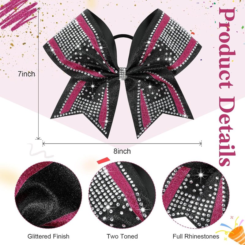 Large Glitter Cheer Bows - 6PCS Black & Pink Rhinestone Hair Bows for Cheerleaders | Stiff Design, 8-Inch