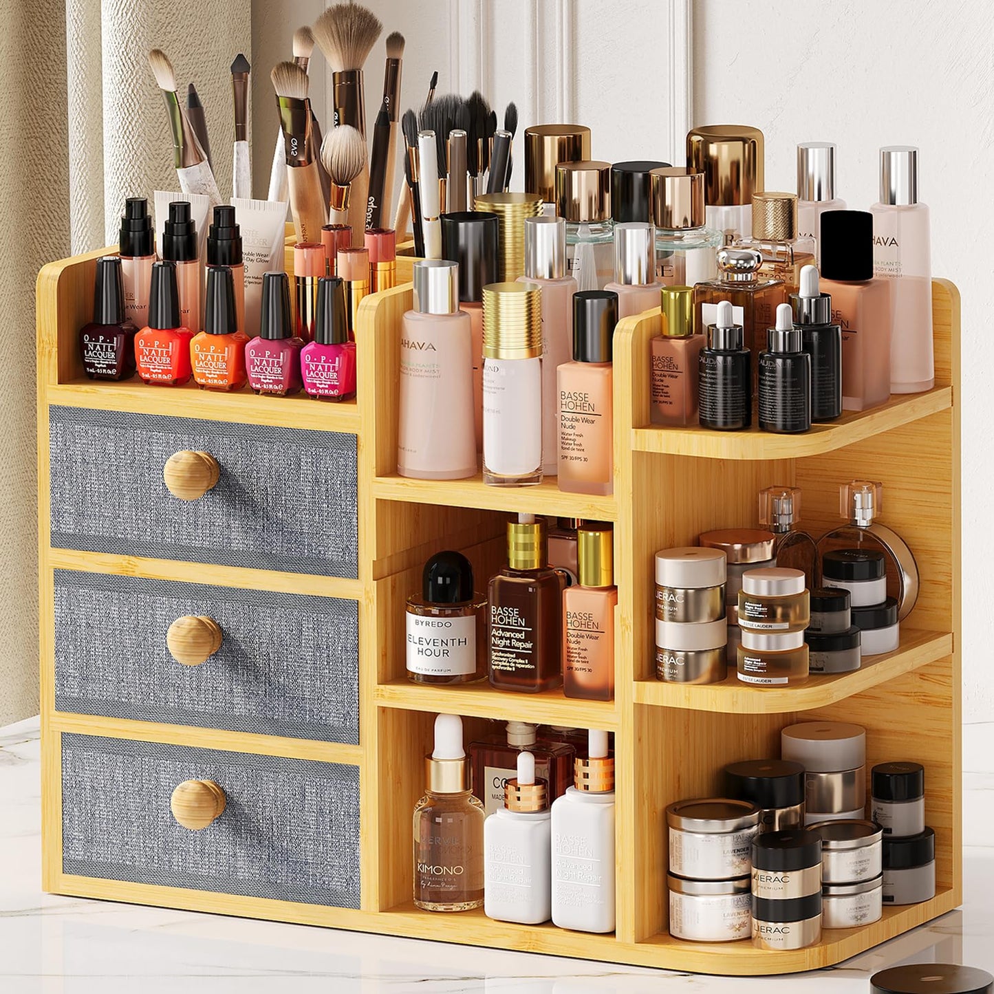 Large Makeup Organizer Countertop For Vanity Dresser, Bamboo Bathroom Counter Organizers And Storage,Cosmetic Skincare Perfume Organizer With 3 Makeup Brush Holder/2 Drawers/5 Shelves /8 Compartments
