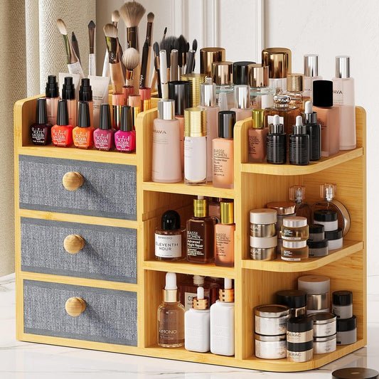 Large Makeup Organizer Countertop For Vanity Dresser, Bamboo Bathroom Counter Organizers And Storage,Cosmetic Skincare Perfume Organizer With 3 Makeup Brush Holder/2 Drawers/5 Shelves /8 Compartments