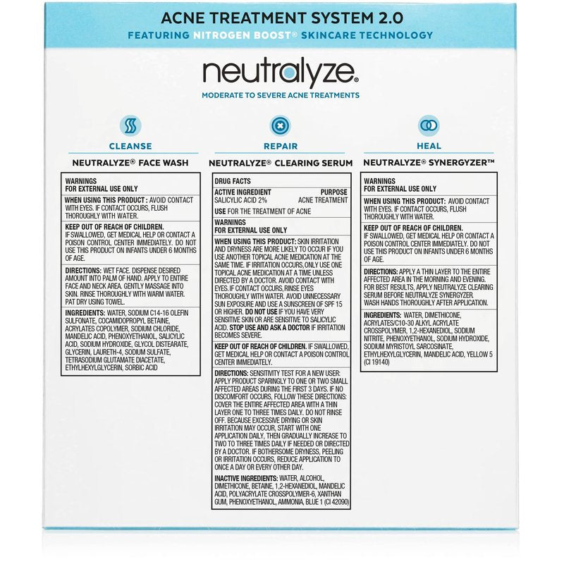 Neutralyze Moderate to Severe Acne Treatment Kit 2.0 - Maximum Strength 3 Step Acne Kit with 2% Salicylic Acid, 2% Mandelic Acid & Nitric Oxide - Includes Face Wash, Clearing Serum & Synergyzer