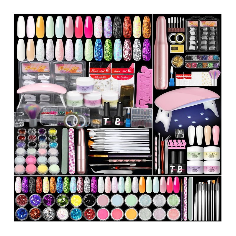COSCELIA Acrylic Nail Kit for Beginners with Everything 4PC Acrylic Powder 24 PCS Glitter Powder Professional Nail Drill Light Rhinestones Tips Set Gifts for Women