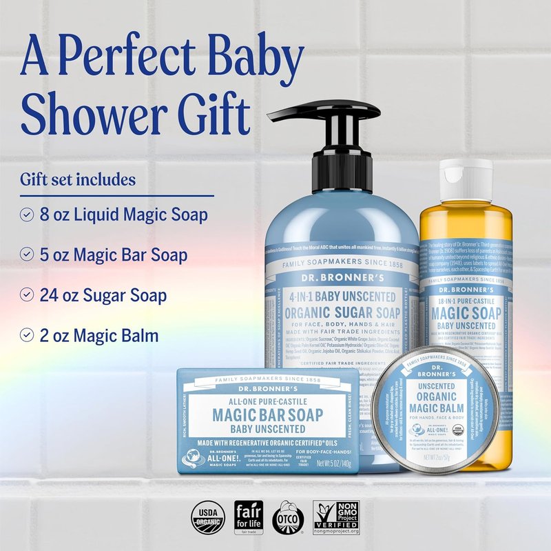 Dr. Bronner's Baby Unscented Gift Set | Organic Castile Soaps & Magic Balm - Gentle Care for Sensitive Skin