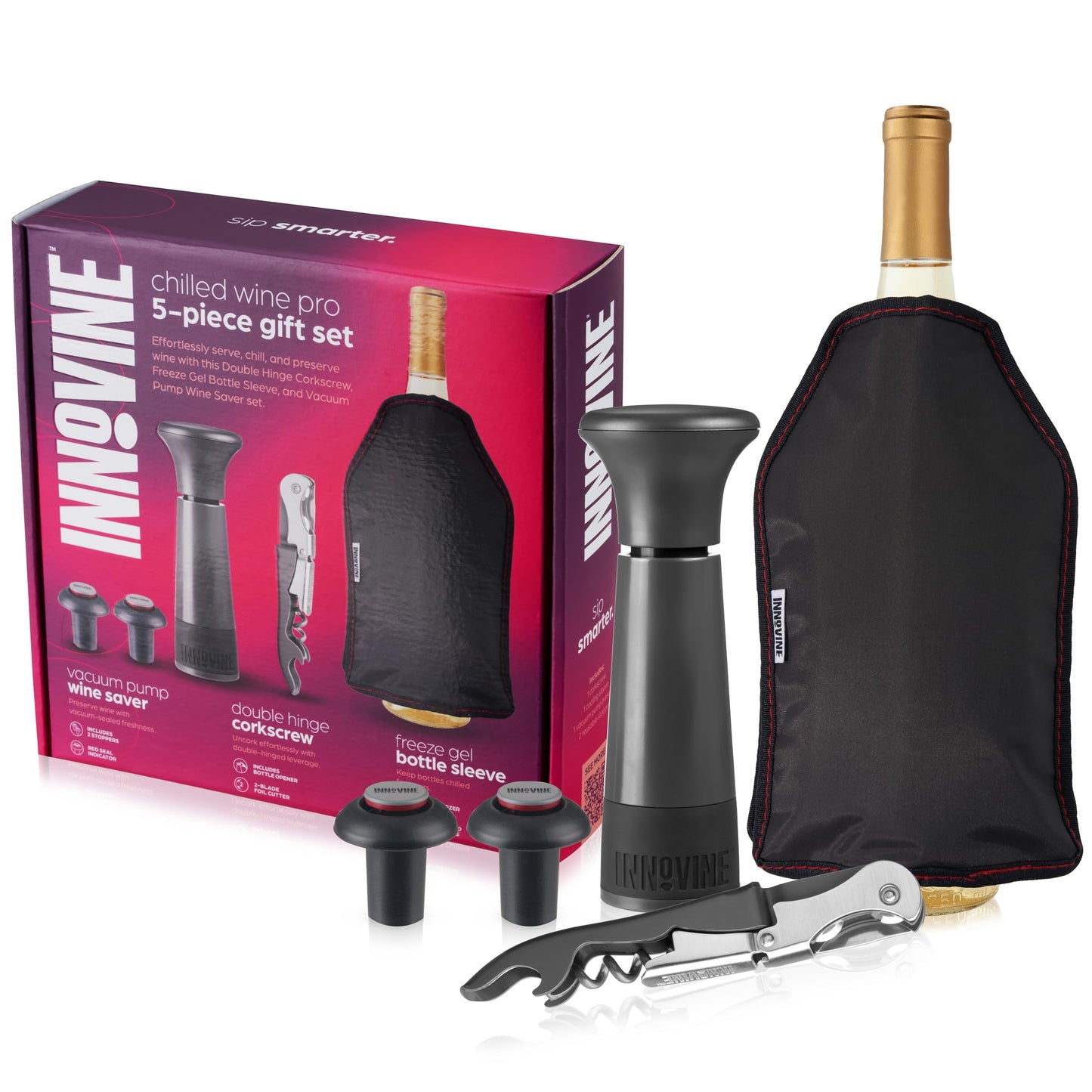 Chilled Wine Pro 5-Piece Gift Set, Graphite – Vacuum Pump Wine Saver with 2 Stoppers, Double-Hinge Waiter’s Corkscrew, Freeze Gel Wine Bottle Sleeve | Preserve, Uncork & Chill