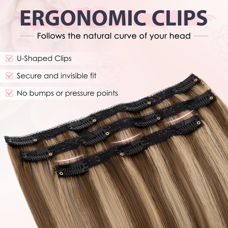 TESS 3 PCS Hair Extensions Clip ins Real Human Hair Straight Hair Extension for Women Soft Lace Wefts Invisible Clip in 16 Inches Chocolate Brown Mixed Light Brown