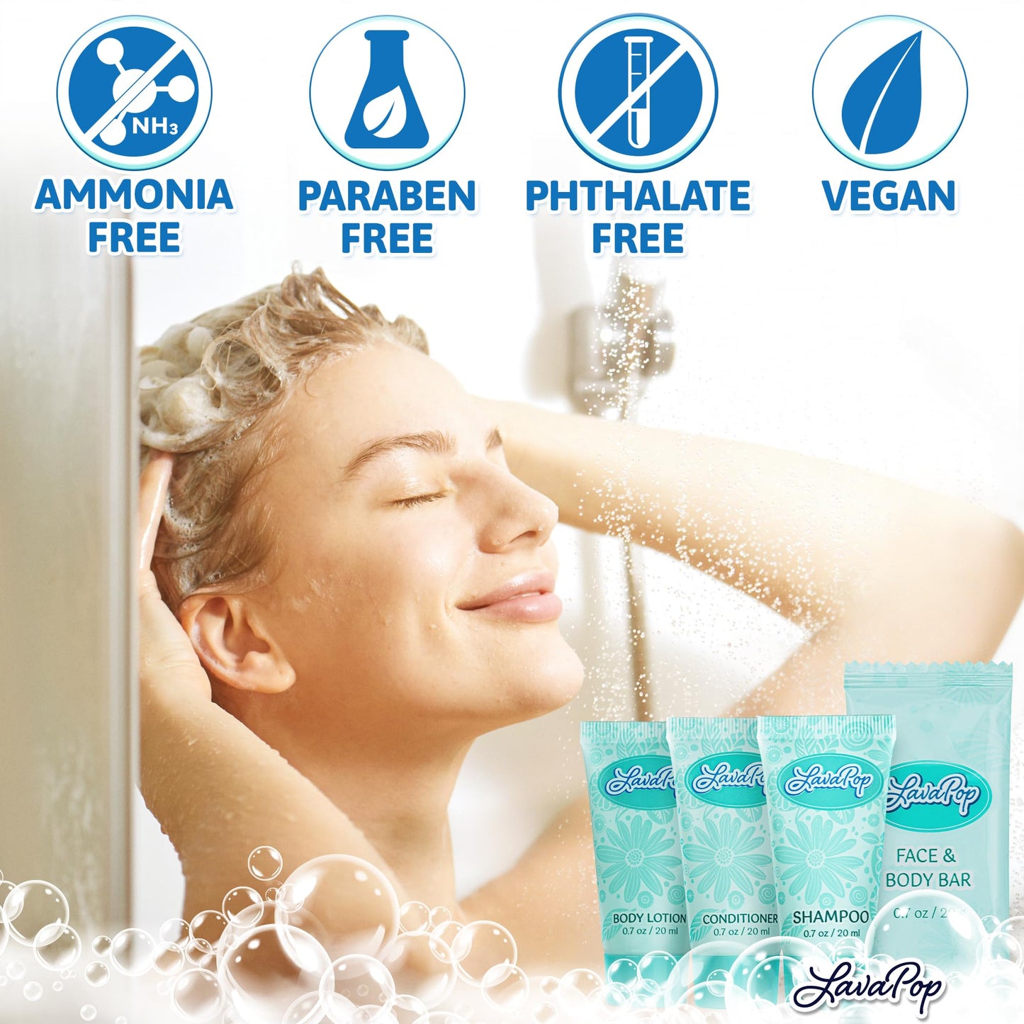 LavaPop - Travel Size Hotel Toiletries Bundle - Iris, Violet & Amber, 0.7 oz each, 200 Pcs - 4-Piece Set: 50 Rectangular Bar Soap, 50 Shampoo, 50 Conditioner & 50 Body Lotion - Bulk Small Toiletries