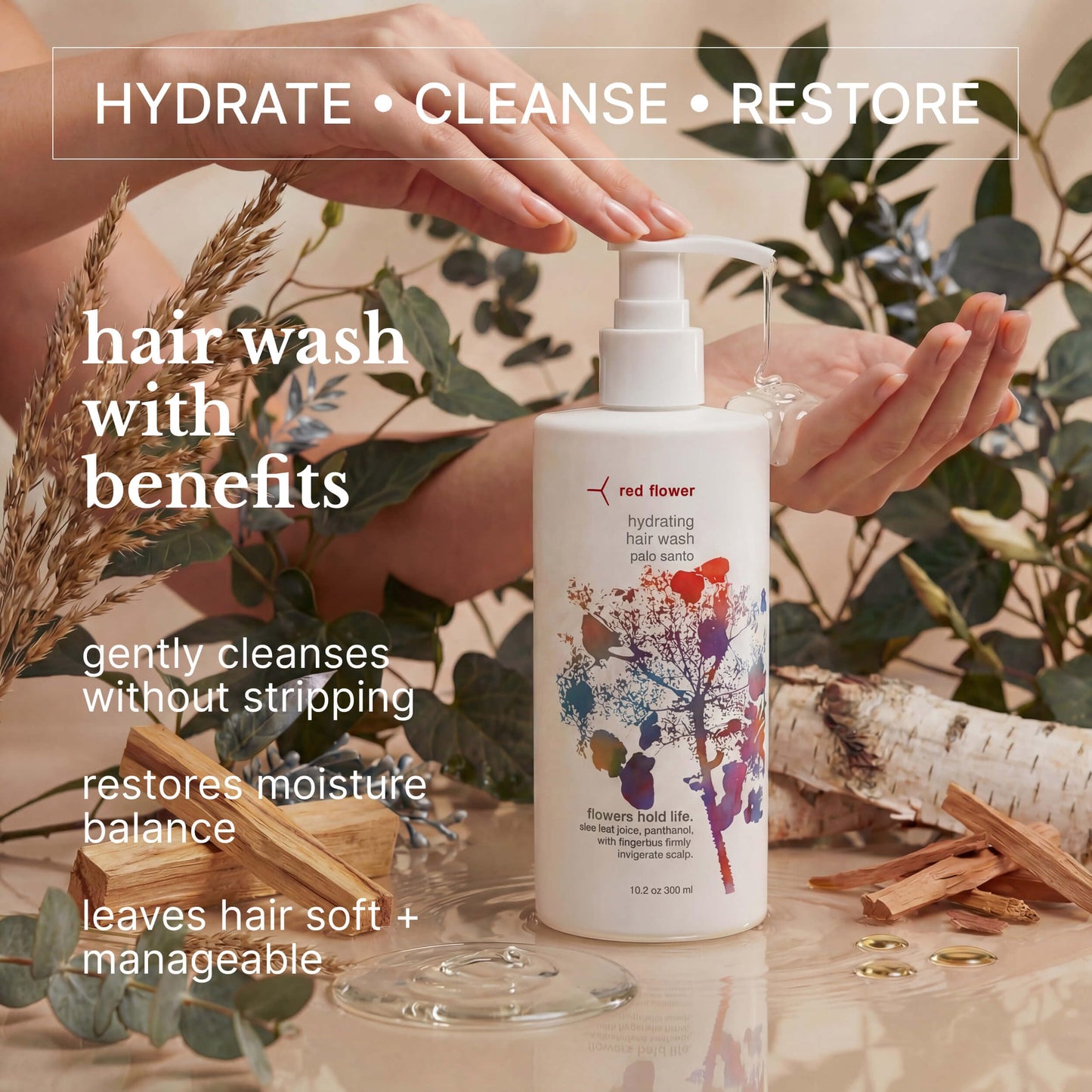 Red Flower Palo Santo Hydrating Shampoo – Sulfate-Free Moisture Boost Hair Wash with Coconut Glycerin & Pro-Vitamin B5, Aromatherapeutic Essential Oil Blend for All Hair Types (10 oz)