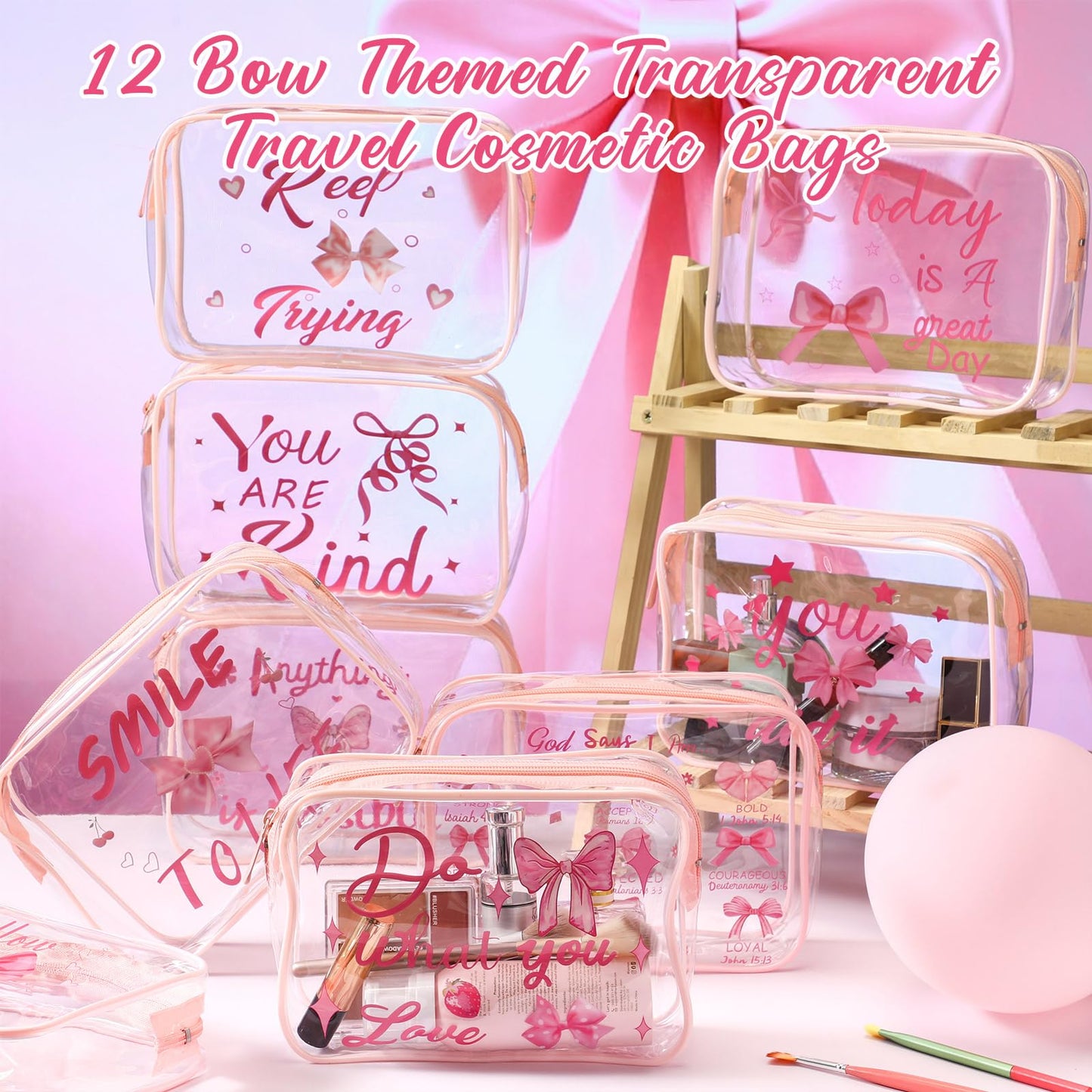 Kacctyen 12 Pcs Clear Makeup Bags Flower Bulk Inspirational Quotes Waterproof Portable with Toiletry Zipper Pink Clear PVC Travel Pouch Encouragement Quotes Bags Appreciation Gift for Mother Nurse