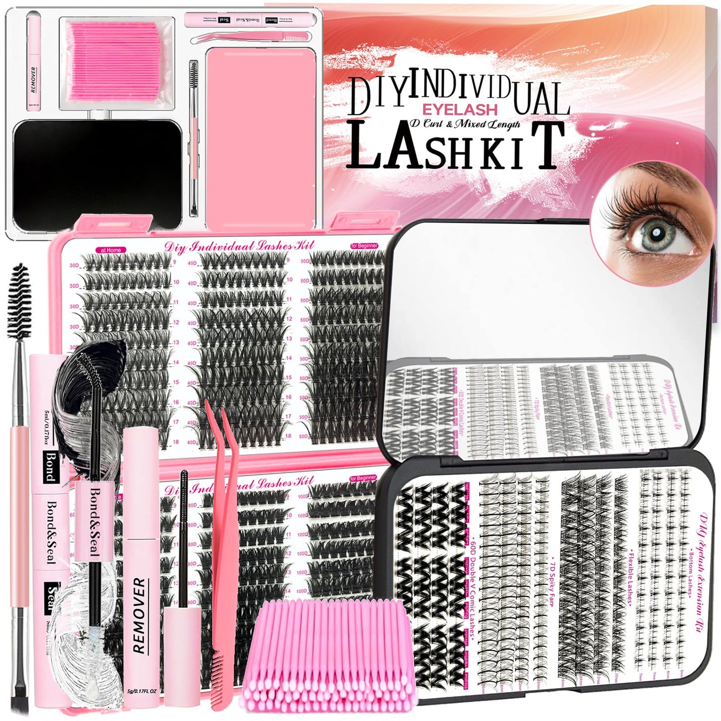 QUKLOGEN DIY Lash Extension Kit 782Pcs D Curl 4 styles Individual Lash with Bottom Lash Clusters Lash Bond and Seal,Quick Glue Remover Tweezers Eyelash Brush Mini Applicator (LASH001)