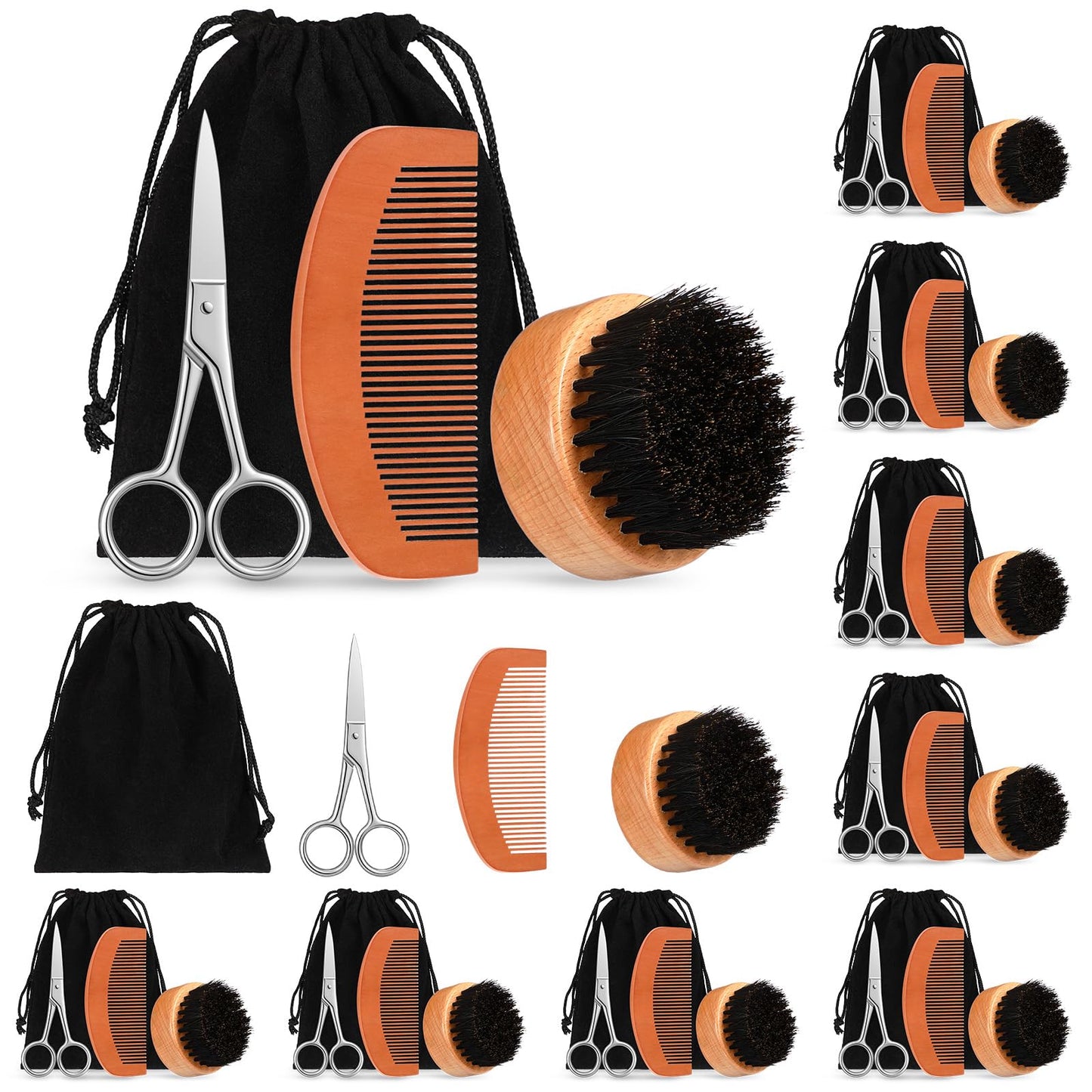 Maitys 10 Sets Beard Brush and Comb Set Bulk Boar Bristle Beard Brush Comb Scissors Kit Gifts for Men Father Colleague Employee Appreciation(Round)