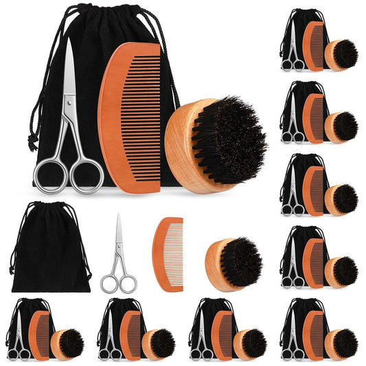 Maitys 10 Sets Beard Brush and Comb Set Bulk Boar Bristle Beard Brush Comb Scissors Kit Gifts for Men Father Colleague Employee Appreciation(Round)