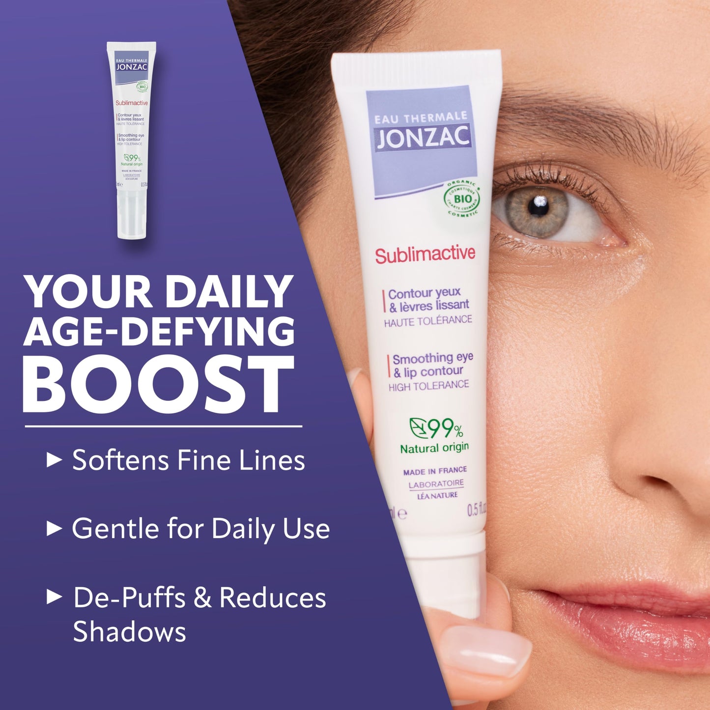 JONZAC Eau Thermale Sublimactive Organic Anti-Aging Eye & Lip Contour Cream - Reduces Fine Lines and Puffy Eyes - Dark Circles Reduced - Natural Skin Care - 0.5 Fl Oz