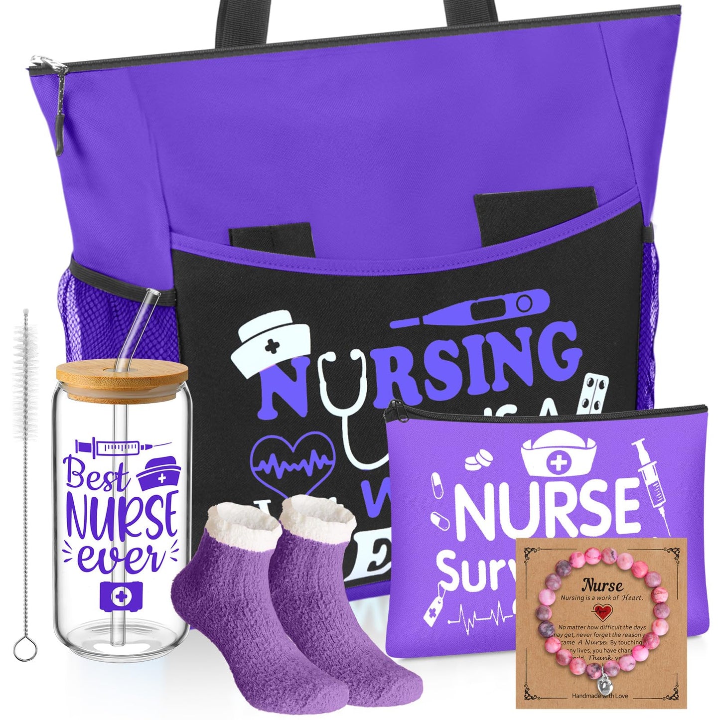 Yetene 5 Pcs Nurse Gifts for Women Tote Bag Makeup Bag 16 oz Glass Cup Bracelets Sock Gift Graduation Female(Purple,Nurse)