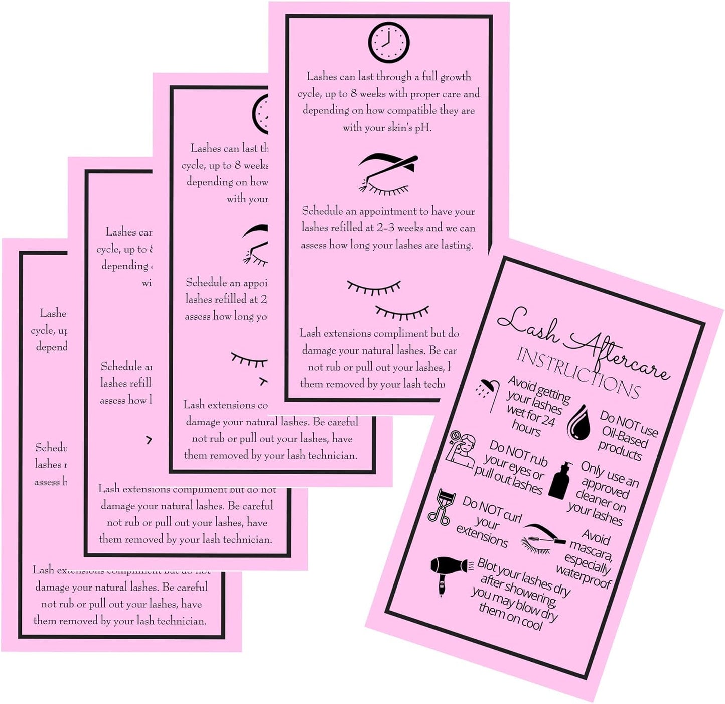 Lash Extension Aftercare Instructions Cards - Double-Sided 2x3.5" | 250 Pack in Bubblegum Pink with Visuals