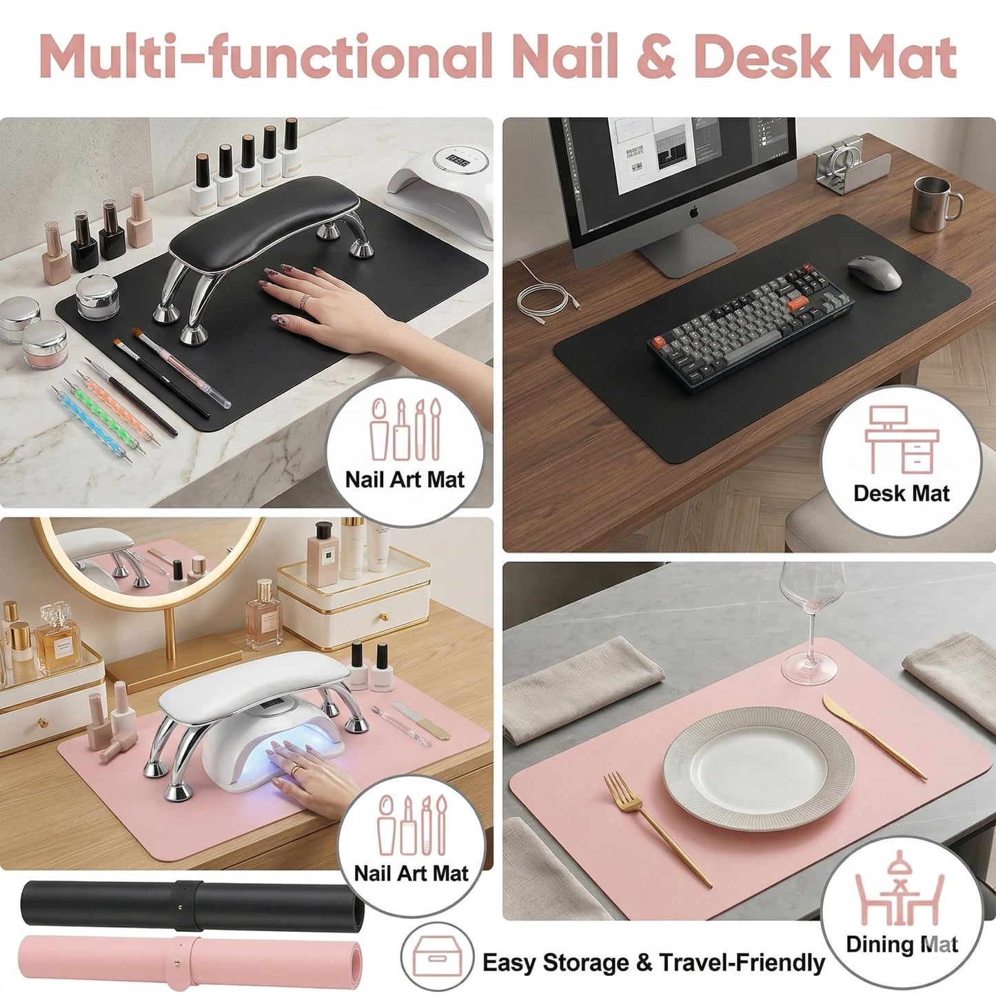 2 PCS Nail Art Table Mat, Soft Microfiber PU Leather Nail Pad, Foldable Nail Art Rest Pad, Reusable Nail Mat for Table Desk, Acrylic Nail Desk Mat for Nail Cushion(Pink+Black)