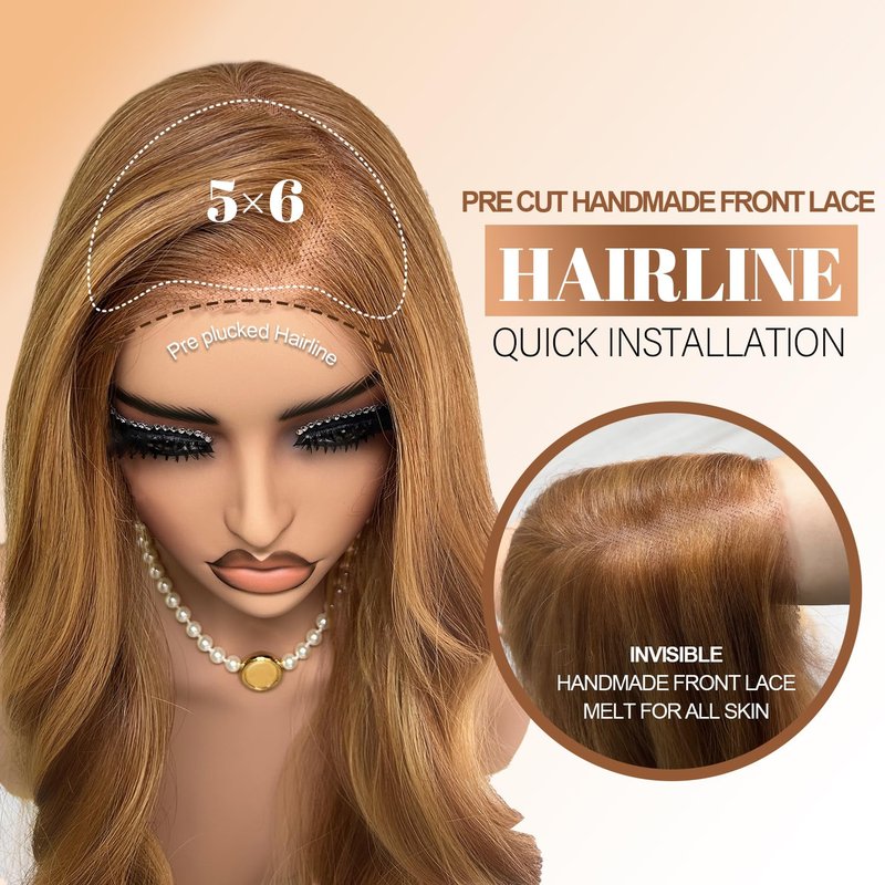 Honey Blonde Lace Front Wig, 6x5 Wear and Go Glueless Body Wave Synthetic lace front Wigs for Black Women, 26Inch Pre Plucked Pre Cut HD Lace Frontal Wig With Baby Hair (27/30 Honey Blonde, 6x5)