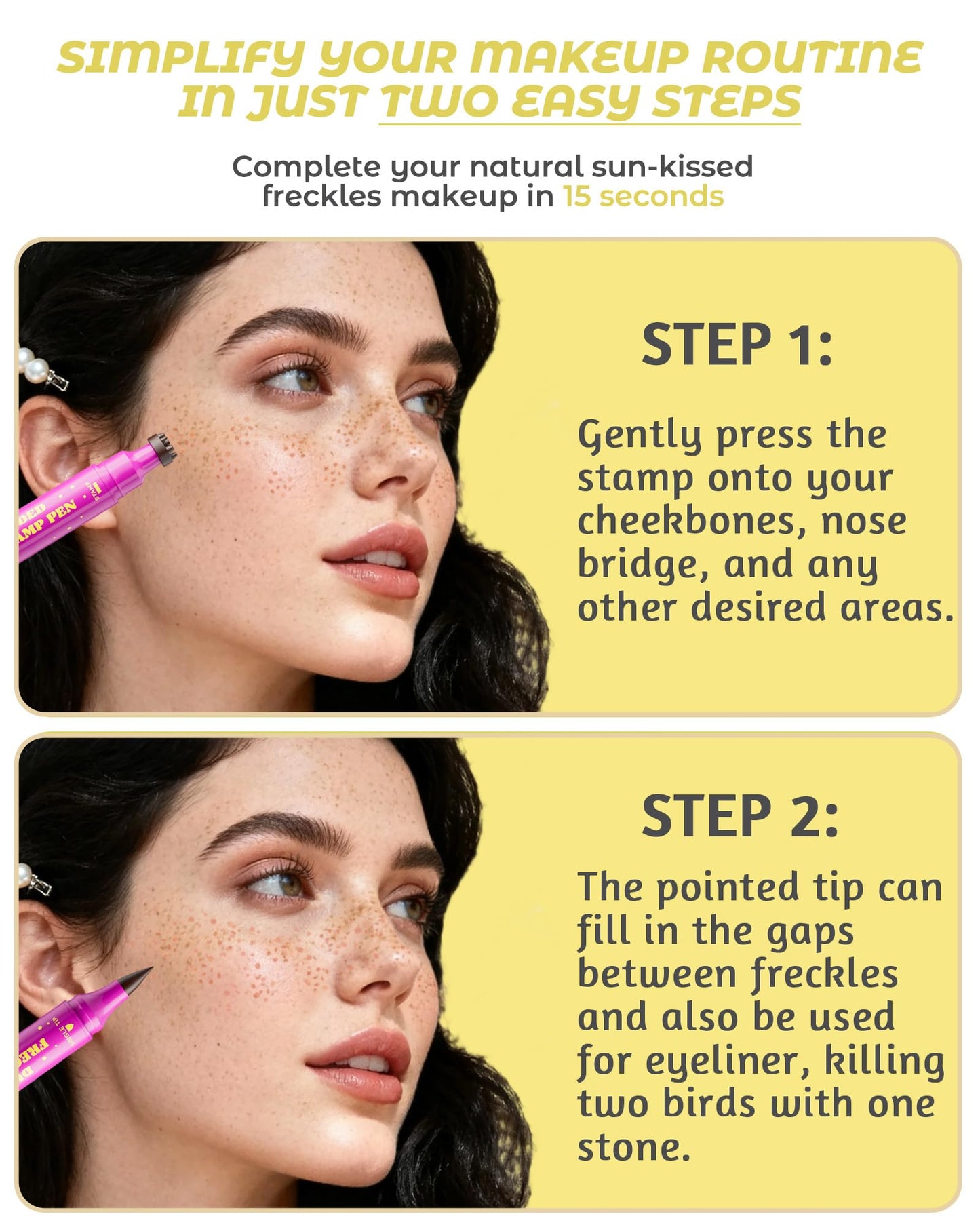 Berinist Upgrade Dual Ended 2-in-1 Faux Freckle Stamp Pen, Waterproof Fake Freckle Pen with Multi-Prong Freckles Stamp Head for Women to Easily Create Natural Long-Lasting Sunkissed Makeup