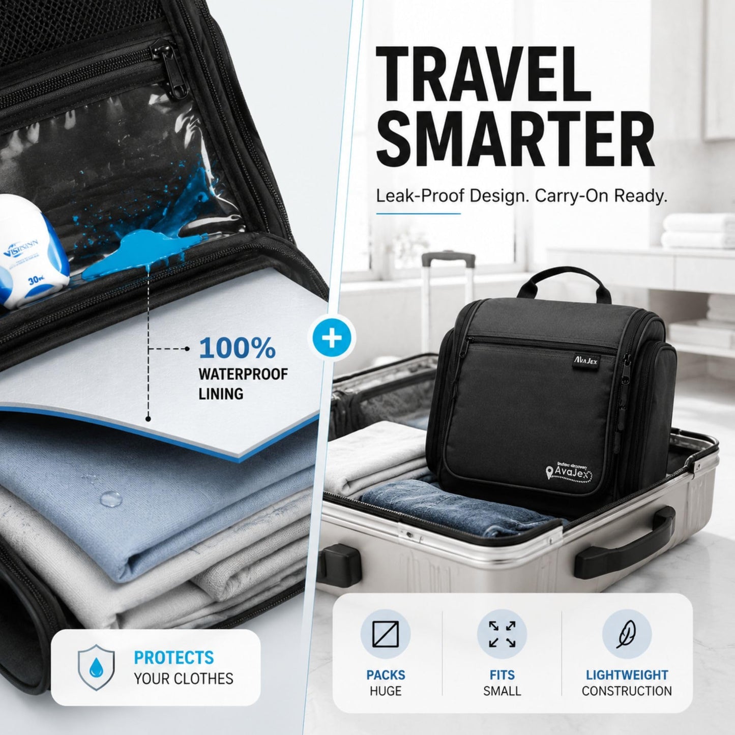 AvaJex Travel Toiletry Bag for Men - Large Dopp Kit (10.6"x10.6"x3.2") - Hanging Waterproof Mens Hygiene Organizer Bag with XXL Metal Swivel Hook, Sturdy Zippers and 19 Compartments for Toiletries
