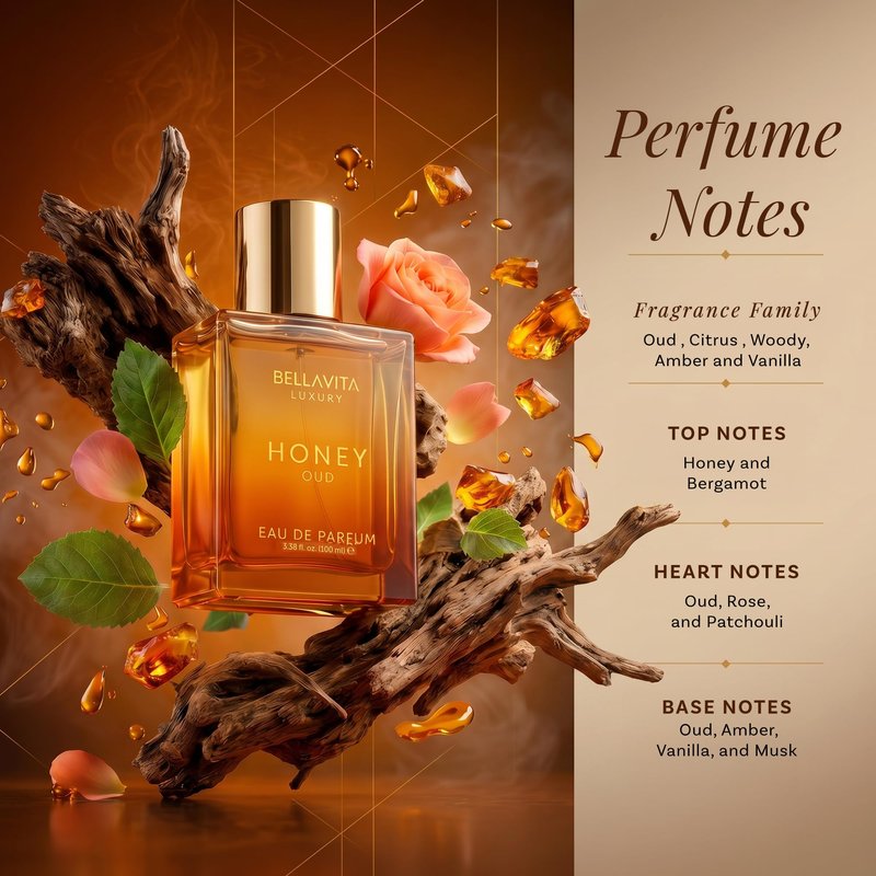 Bellavita Luxury Honey Oud Eau de Parfum | 100 ml (3.4 fl.oz.) | Perfume for Men and Women | Sweet Honey, Bergamot, Oud, and Amber Notes | Women's Day Special