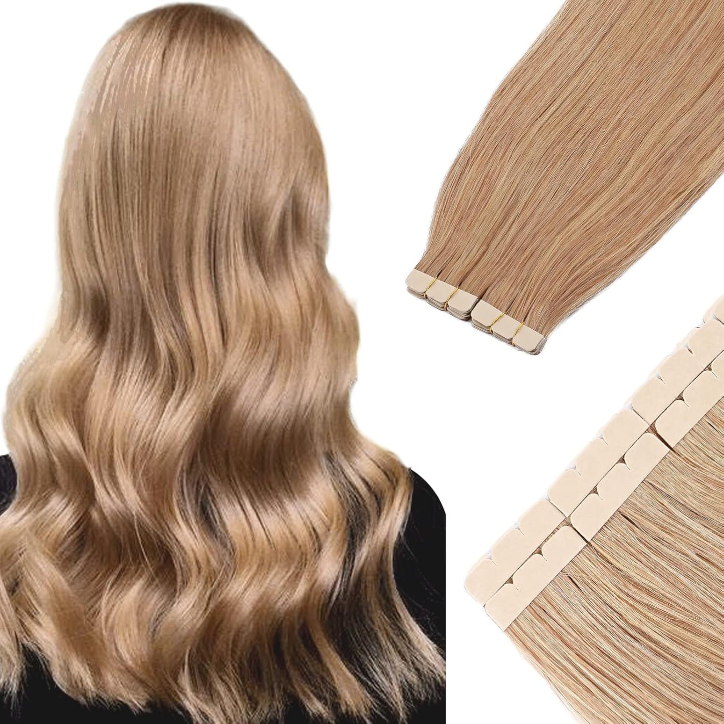 Tape-In Hair Extensions - 20pcs Human Hair Seamless Weft - #27 Dark Blonde, 16" Length