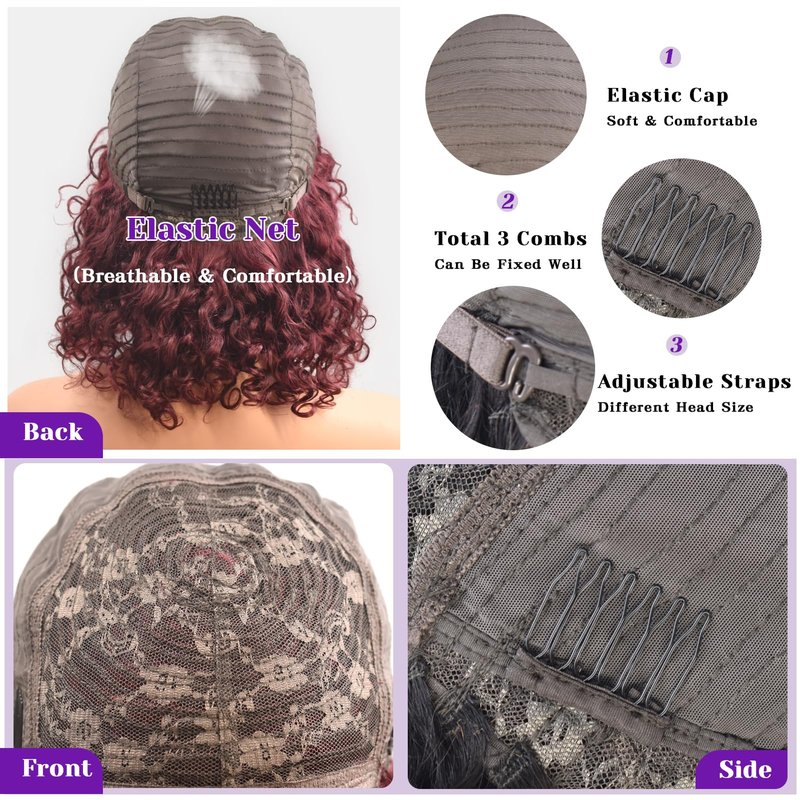 REMESSE Short Curly Bob Wig Human Hair With Bangs Short Curly Human Hair Wig For Black Women Glueless 250% Density Short Water Wave Human Hair Wig With Bangs 99J 10Inch
