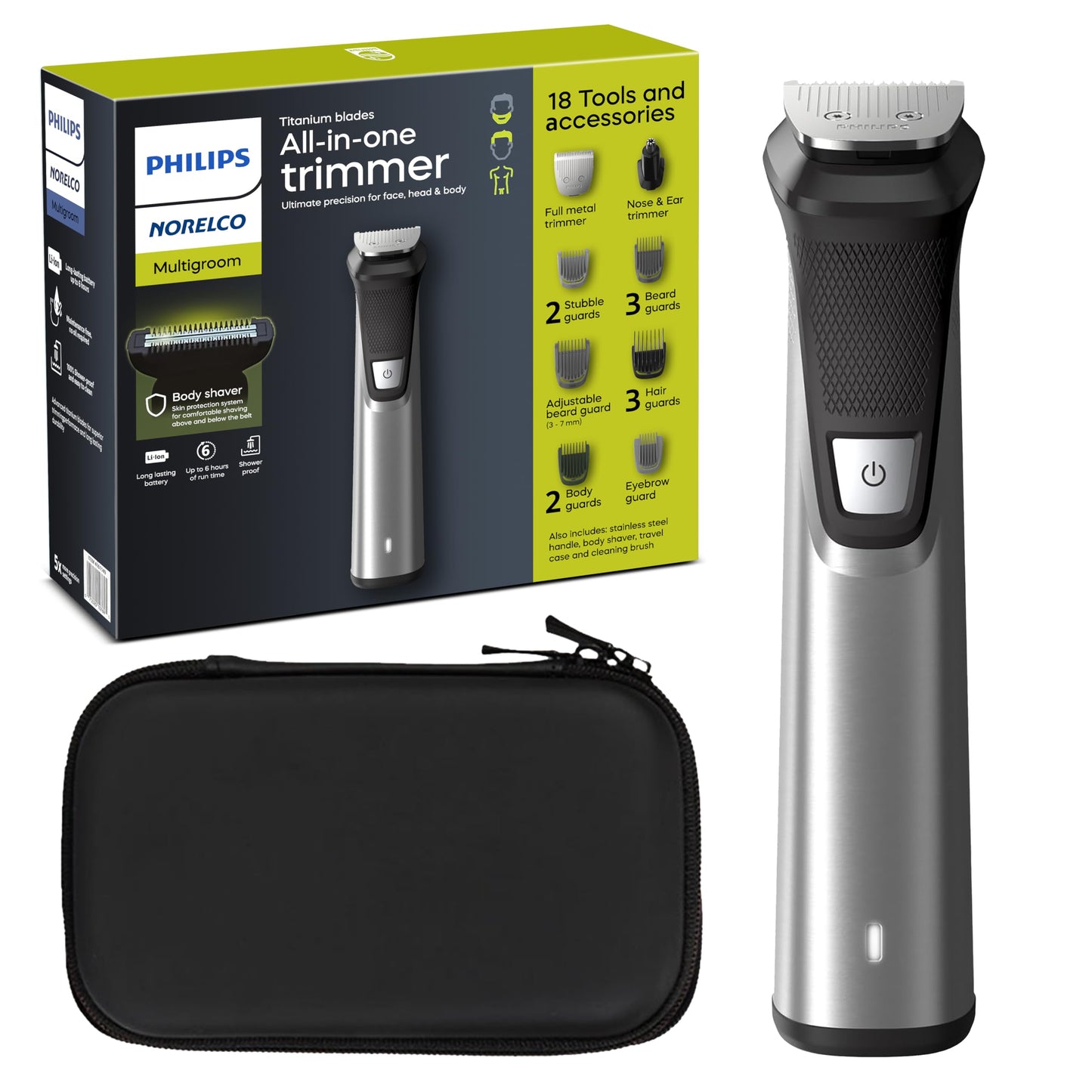 PHILIPS Norelco Multigroom 9000 Series MG9740-18-in-1 Precision Trimmer for Face, Head, and Body with Titanium Blades, 6-Hour Battery Life, and Showerproof Design, Packaging May Vary (Renewed)