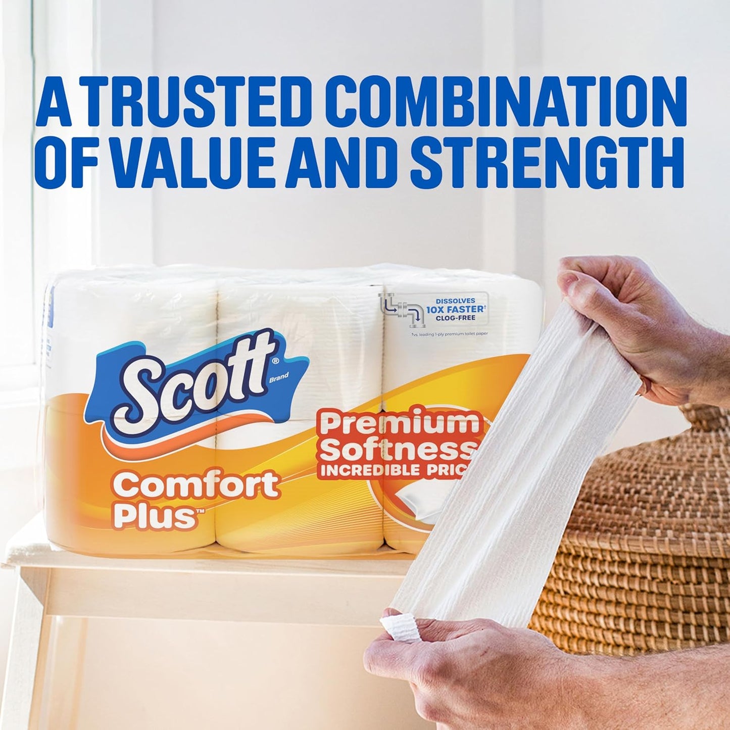 Scott ComfortPlus Toilet Paper - 12 Triple Rolls | 231 Sheets per Roll, Septic-Safe 1-Ply