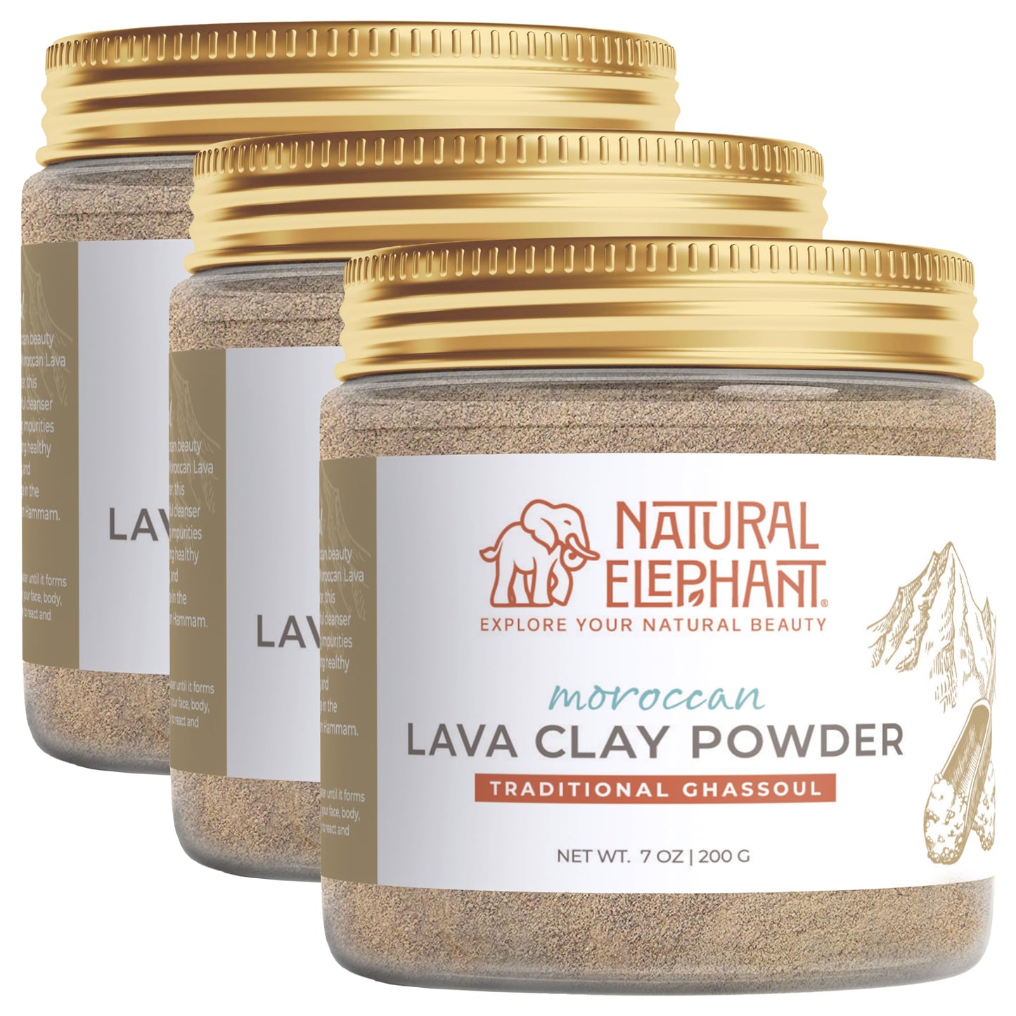 Natural Elephant Ghassoul (Rhassoul) Moroccan Lava Clay Powder | 100% Pure & Natural Face & Body Mask Powder | 200g Jar Pack of 3 7oz Jars