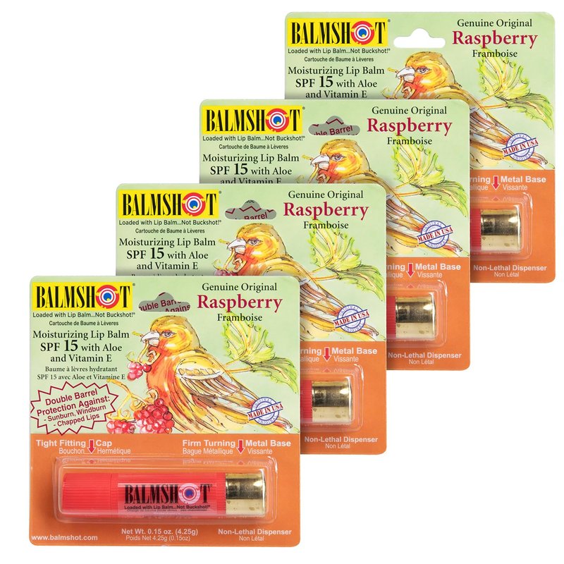BALMSHOT Raspberry Lip Balm SPF 15 (4-Pack) – Beeswax Chapstick for Dry Chapped Lips, 20-Gauge Brass Shotgun Shell Tube, Heat Resistant, Long Lasting Lip Moisturizer for Men & Women, Made in USA