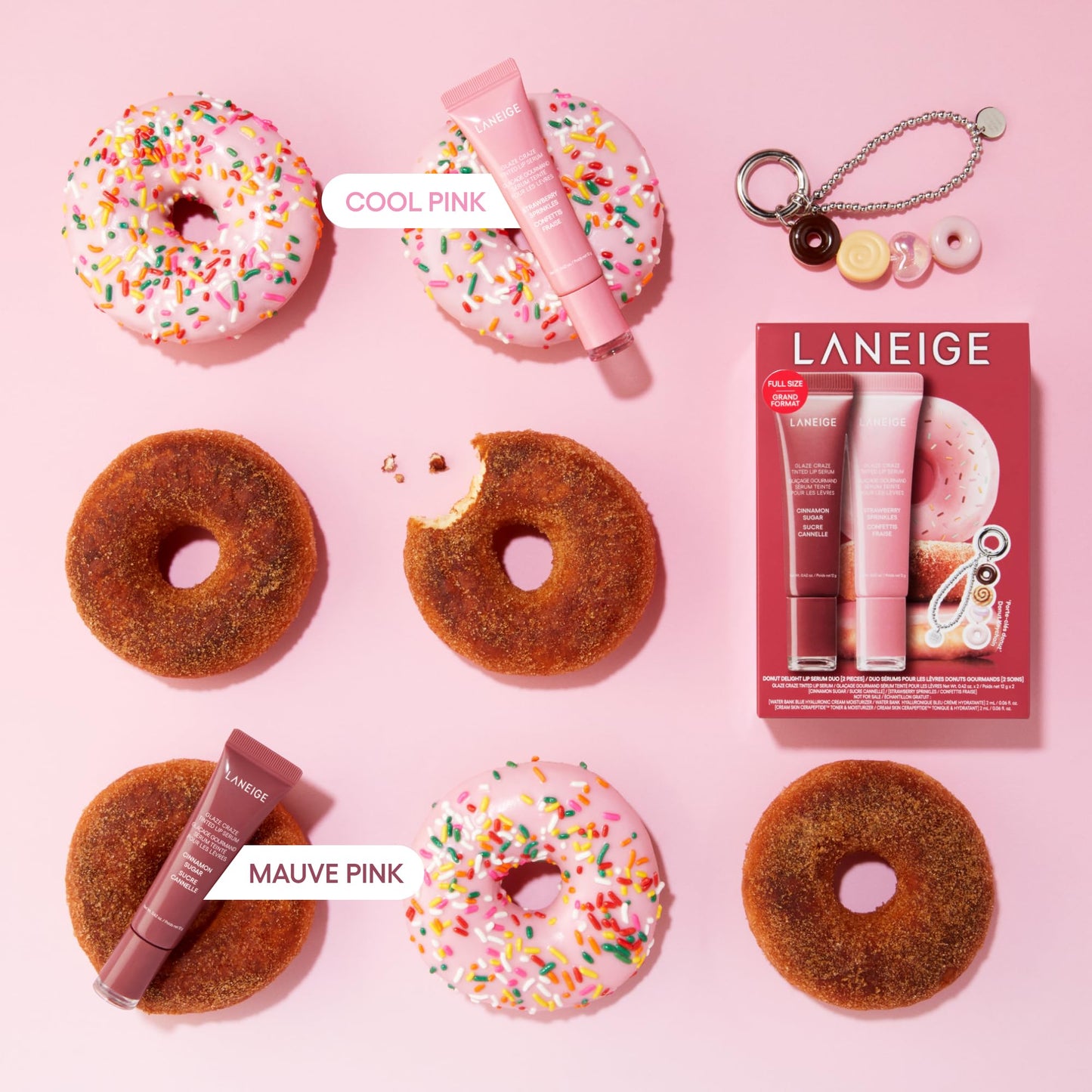 LANEIGE Glaze Craze Donut Delight Lip Serum Duo | Laneige Hydrating Tinted Lip Serums & Donut Keychain | K-Beauty Set for Glossy, Plump Lips