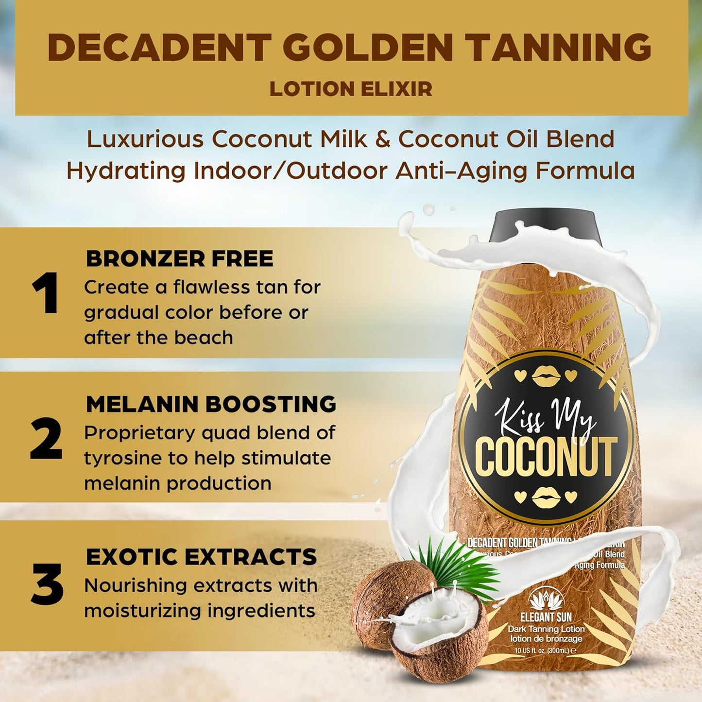 Kiss My Coconut Tanning Bed Lotion - Skin Softening Golden Tan Intensifier with Coconut Milk & Cocoa Butter | Unisex Indoor/Outdoor Accelerator