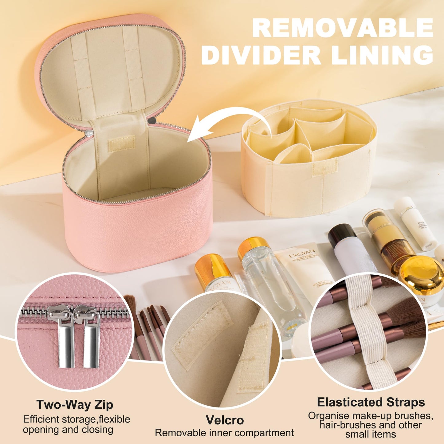 UUYUUY Makeup Bag Vanity Case Cosmetic Bag with Removable Divider Travel Toiletry Bag for Women Portable Make up Box Organizer, Pink