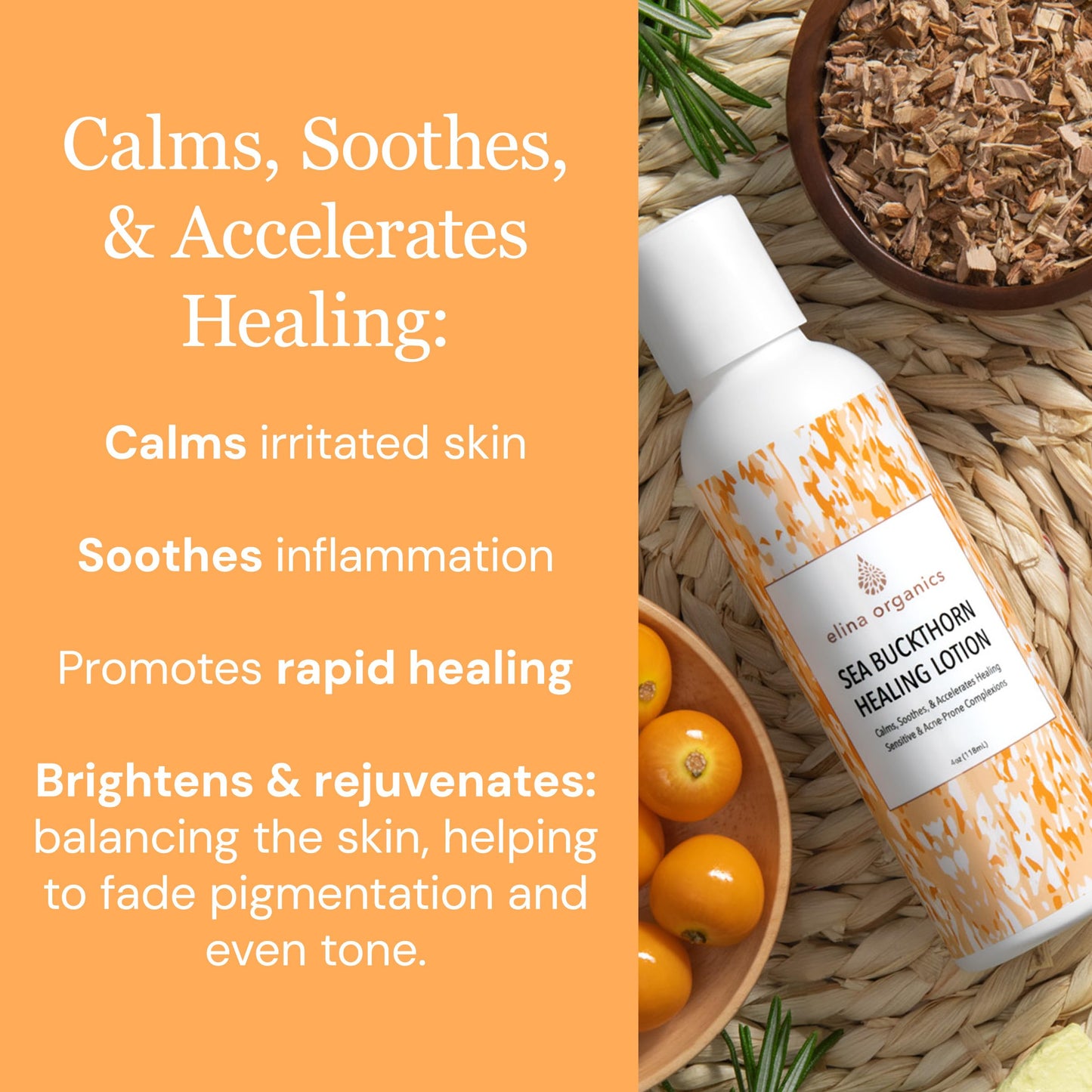 Elina Organics Sea Buckthorn Healing Lotion, 4oz – Soothing Moisturizer with MSM, Black Willow Bark & Zinc Oxide – Organic, Vegan – Repairs Acne, Redness & Skin Irritation
