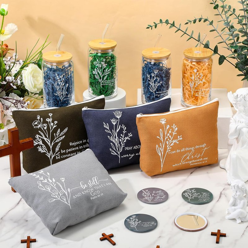 Christian Gift Set for Women - 4-Piece Religious Makeup Bag, Bible Verse Glass Cup & Compact Mirror | Neutral Colors