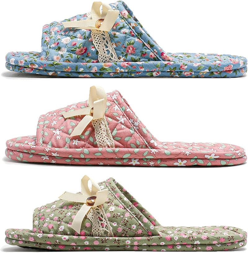 Floral Cotton House Slippers for Women - 3 Pairs of Comfortable, Washable Open Toe Indoor Footwear | Travel & Spa Use