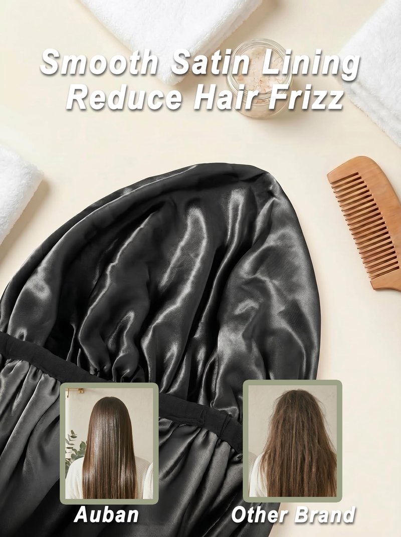 Auban Extra Large Shower Cap, Double-Layer Waterproof Reusable, XL Satin Lining Shower Bonnet for Women Thick, Long Hair, Locs, Braids(Black)