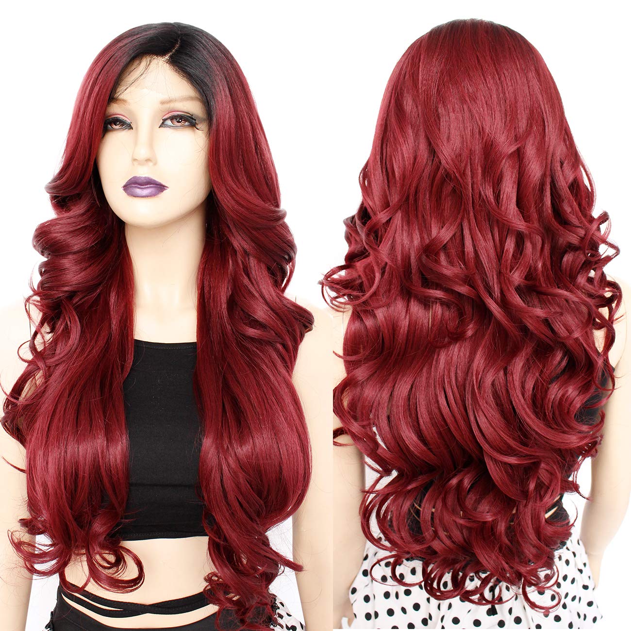 Ebingoo + Wig Cap 26 Inch Burgundy Lace Front Wigs with Dark Roots Wine Red Lace Front Wig With Baby Hair Ombre Red Lace Front Wigs for Women Daily Wear Party
