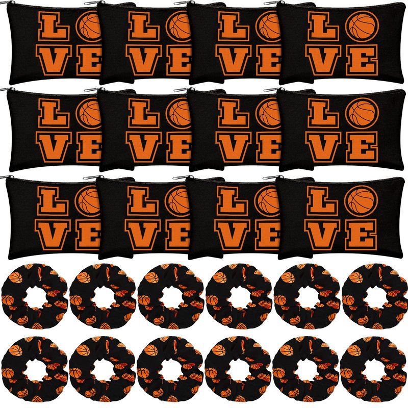Moukeren 24 Basketball Stuff Set Cosmetic Bags Sport Makeup Bags Pencil Storage Case Portable Satin Hair Scrunchies Elastic Hair Bands Basketball Gifts for Girl(Black,Elegant Style)