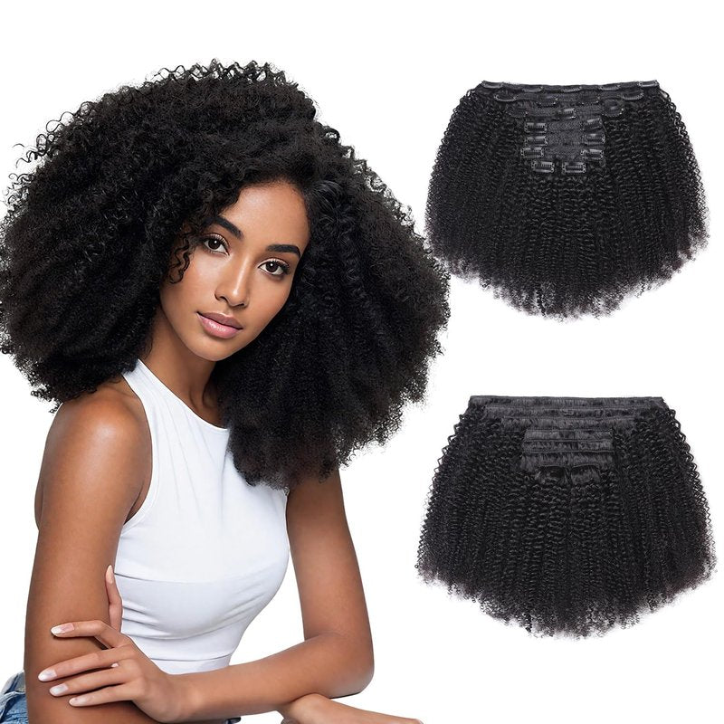 Afro Kinky Curly Clip Ins Human Hair Extensions for Black Women 8Pcs 20 Clips 100% Remy Virgin Hair 120g 3C 4A Natural Black Double Weft Thick Ends 10 Inch