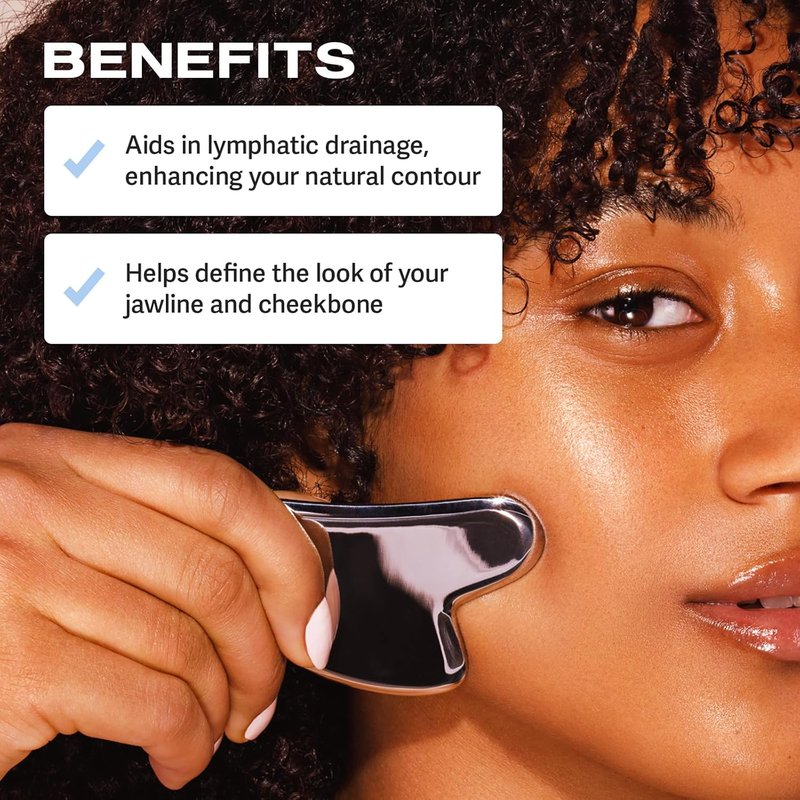 Sacheu Gua Sha Facial Tool - Metal Muscle Scraper for Lymphatic Drainage & Facial Tension Relief | Portable Travel Pouch Included