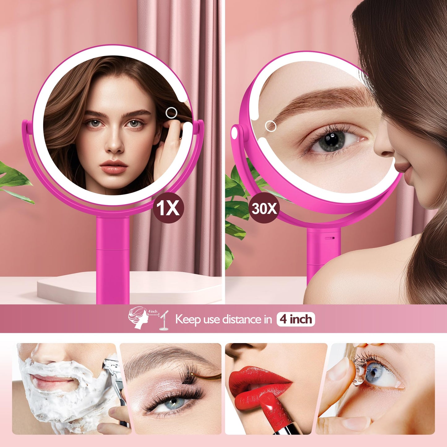 MOMOKUBA Makeup Mirror with Lights, 30X Magnifying & Height Adjustable, Lighted Magnifying Mirror with 3 Light Modes and Stepless Dimming, Vanity Mirrors for Bathroom, Birthday Gift for Women, Hotpink