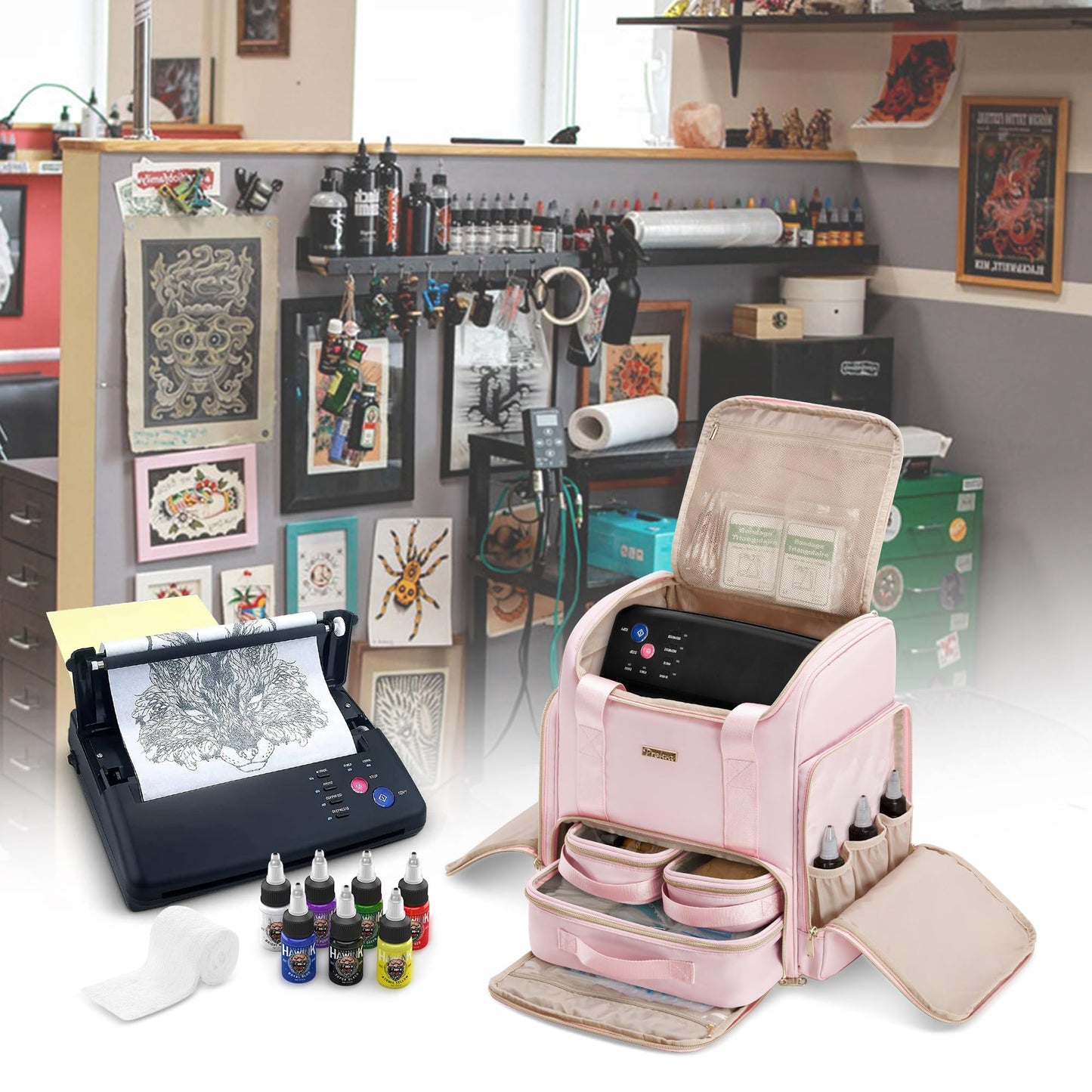 Prokva Tattoo Travel Case with 3 Cases, Tattoo Supplies Storage Organizer Backpack, Tattoo Stencil Printer Carrying Bag, Pink
