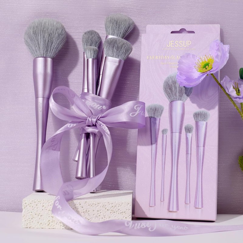 Premium Synthetic Makeup Brushes Set - 5-Piece Face Brushes for Foundation, Contour, Blush & Highlighter | Luxury Purple T514
