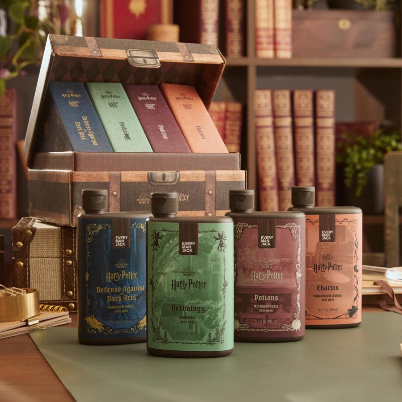 Every Man Jack Harry Potter Collectors Men's Body Wash Gift Set - Includes 4 Body Washes with Clean Ingredients & Hogwarts Inspired Scents - Defense Against the Dark Arts, Charms, Herbology, Potions