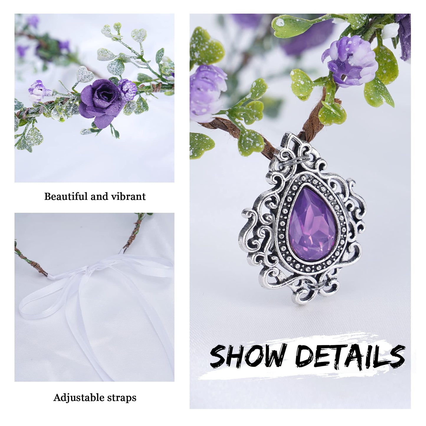 MOSTORY Purple Flower Crown and Fairy Necklace for Women Renaissance Halloween Cosplay