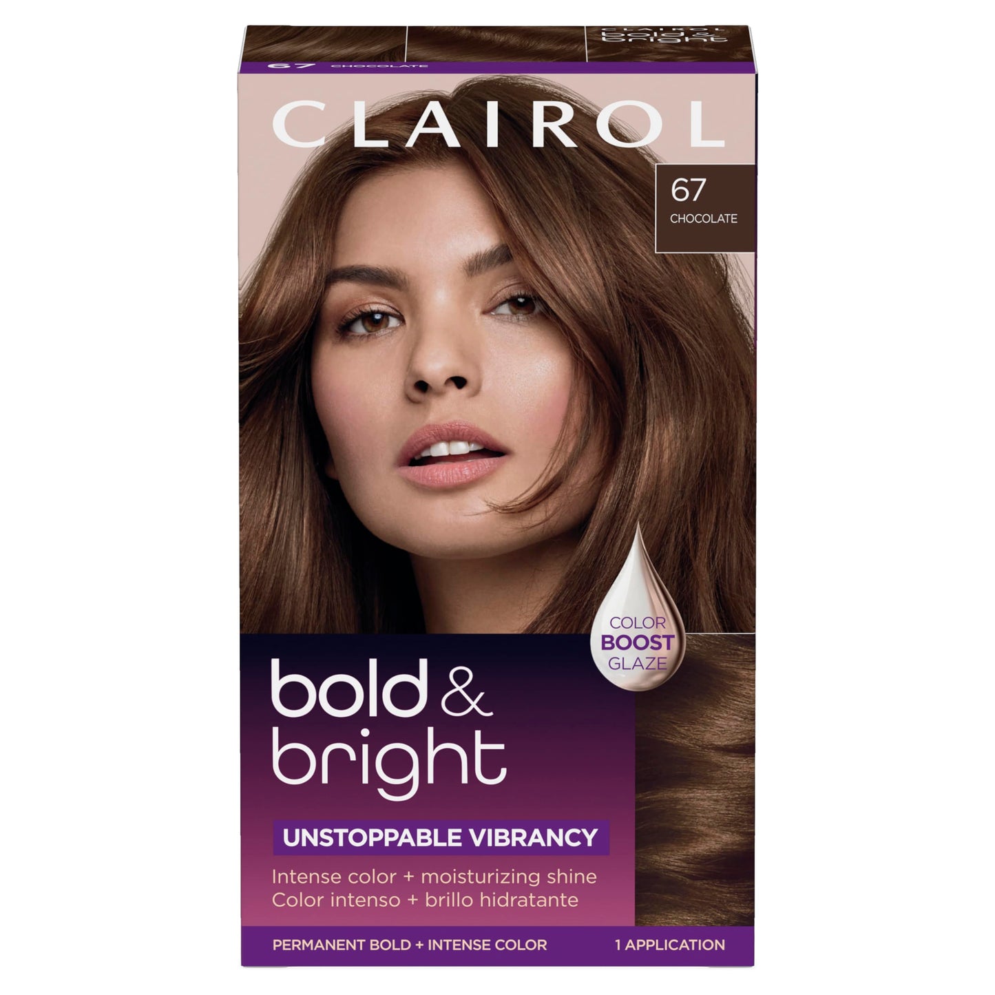 Clairol Bold & Bright Permanent Hair Dye, 67 Chocolate Hair Color | Intense Vibrancy + Moisturizing Shine | Includes Color Boost Glaze to Amplify Color Anytime | Pack of 1