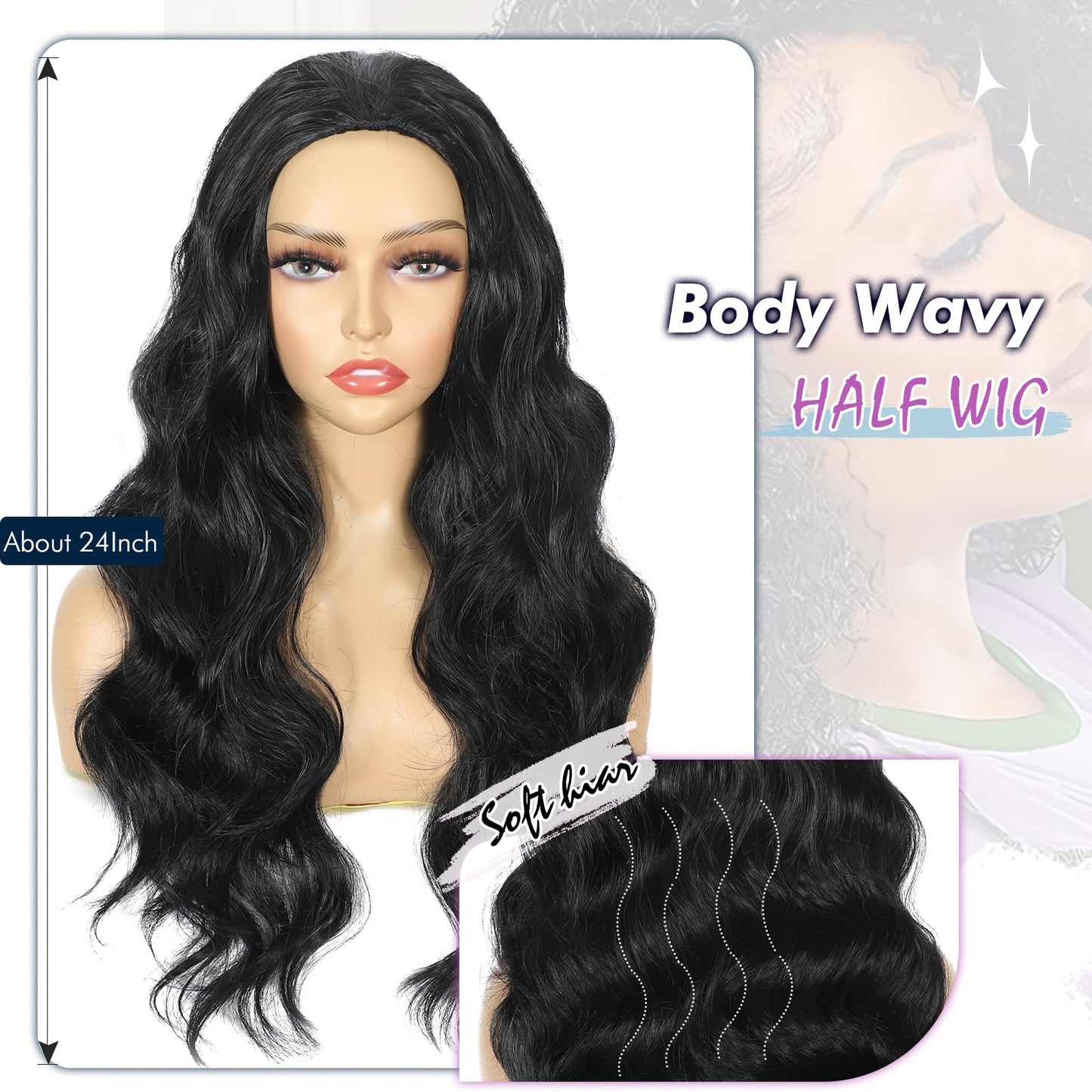 DEYNGS Synthetic Half Wig, Long Water Wave 3 In 1 Black Half Wigs For Black Women, Seamless Flip Over Glueless Beginner Friendly Deep Wavy Curly Wigs Drawstring Headband Wig for Daily Use
