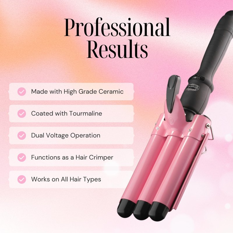Alure Three Barrel Curling Iron Wand Hair Waver with LCD Temperature Display - 1 Inch Ceramic Tourmaline Triple Barrels, Dual Voltage Crimp