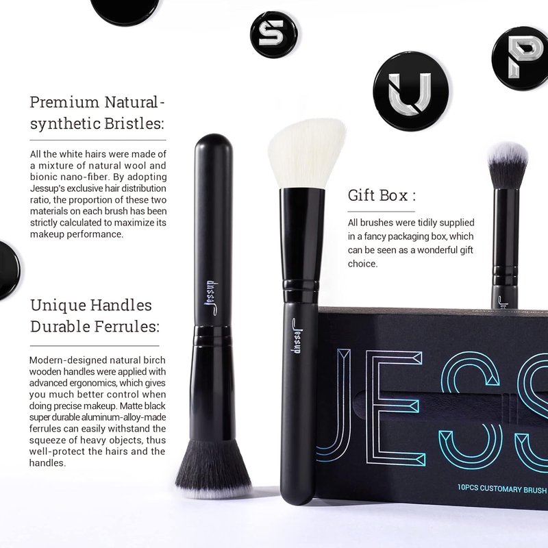 Jessup 10-Piece Black Makeup Brush Set | Eye Brushes Included, Premium Quality